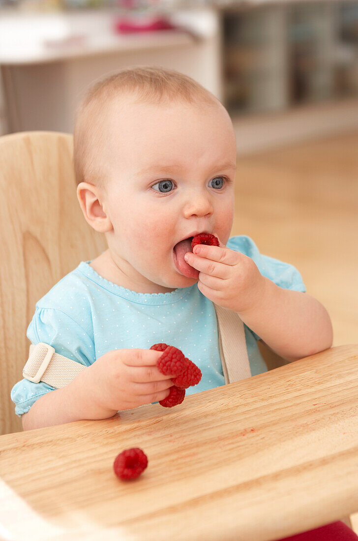 Baby girl feeding herself raspberries