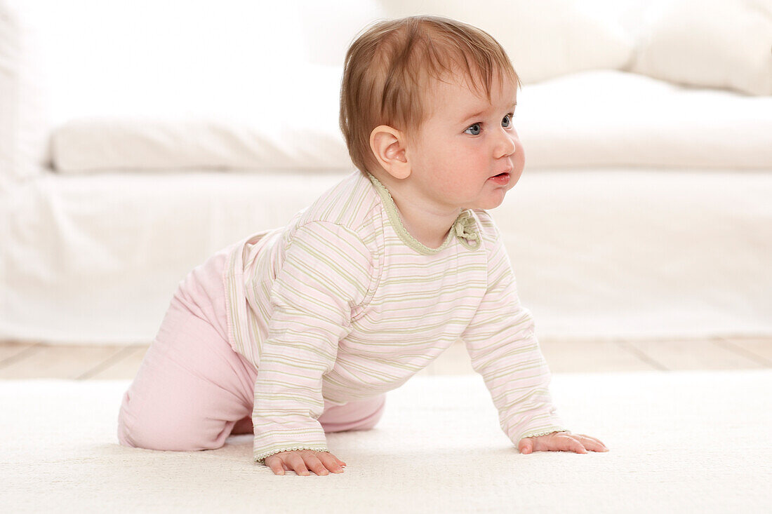 Baby girl crawling on all fours on floor