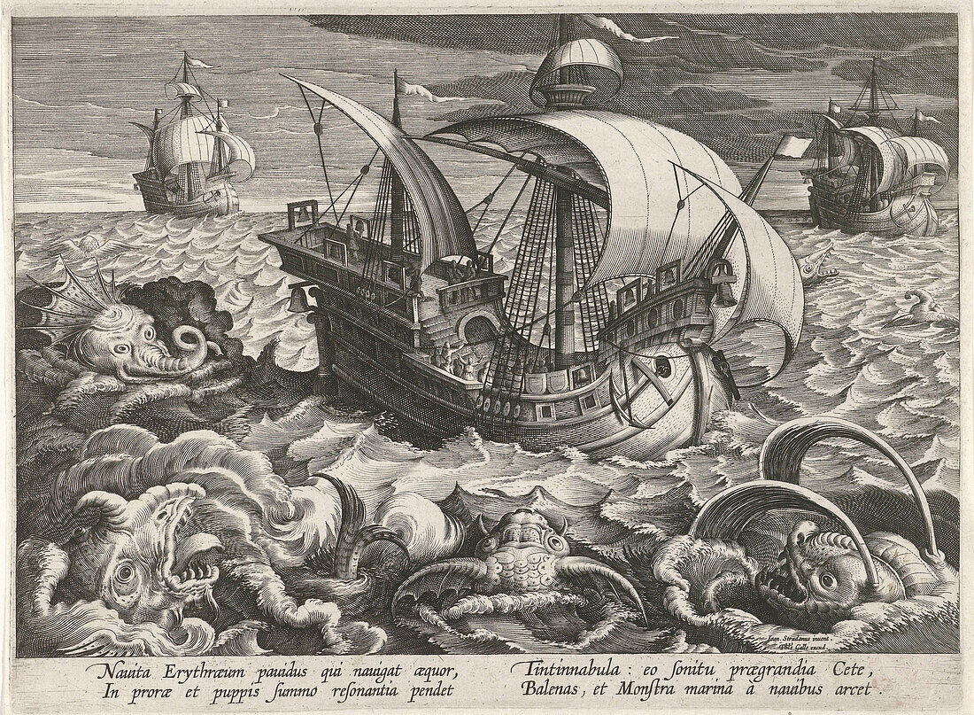 Sea monsters around a ship, 16th century illustration