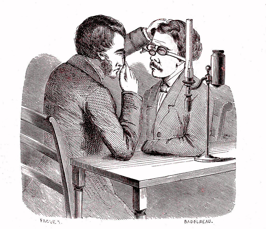 Doctor using an opthalmoscope, 19th century illustration