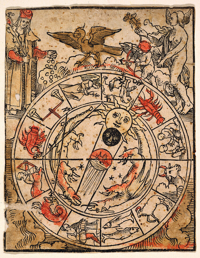 Zodiac chart with Venus, Cupid and a Bishop Saint