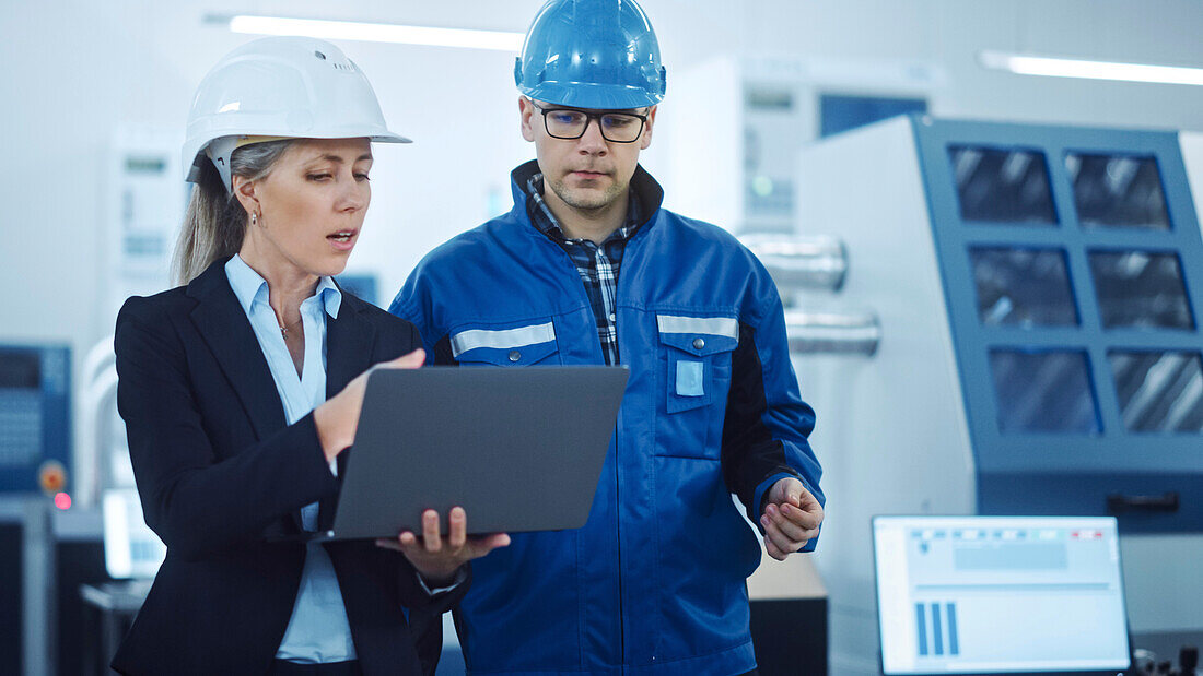 Manager and engineer using a laptop