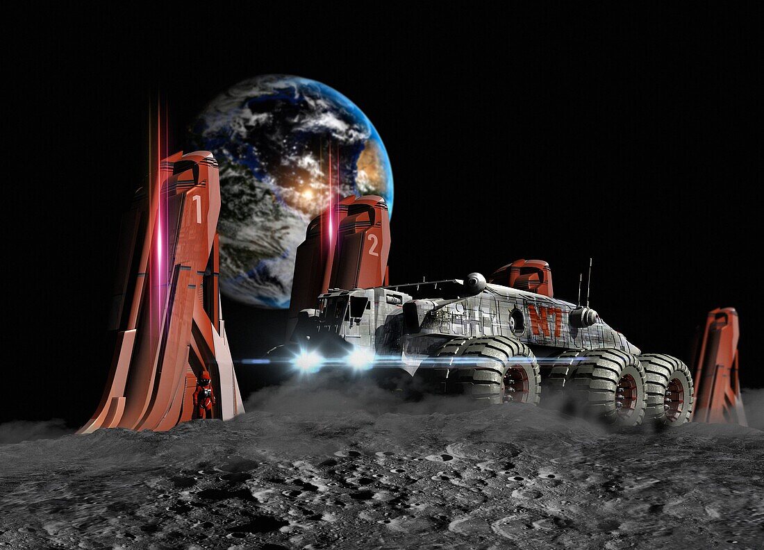 Vehicle next to lunar living pods, illustration
