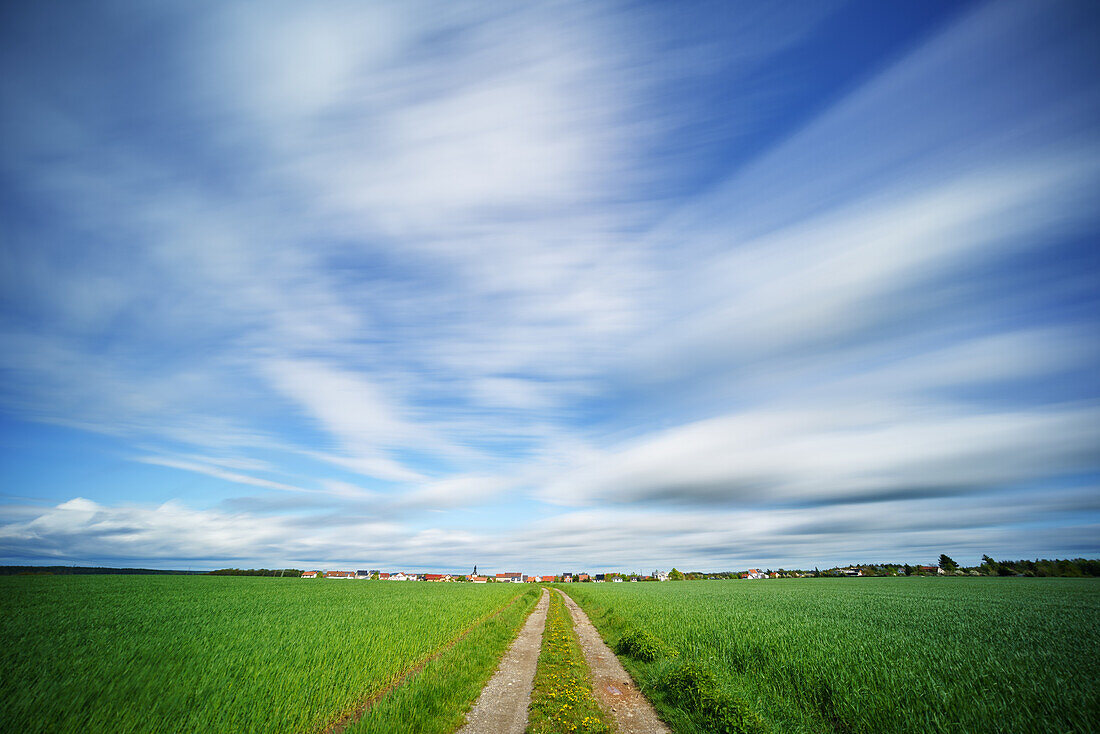 Field with road and cloudy sky