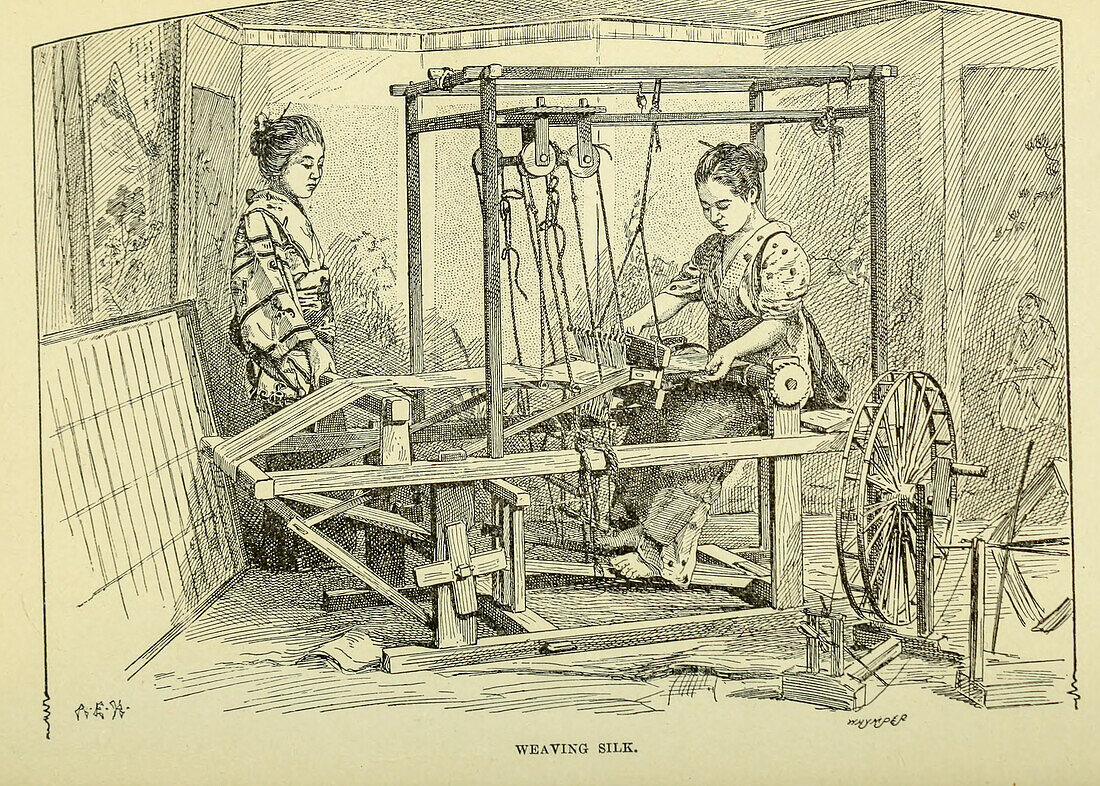 Women weaving silk, 19th century illustration