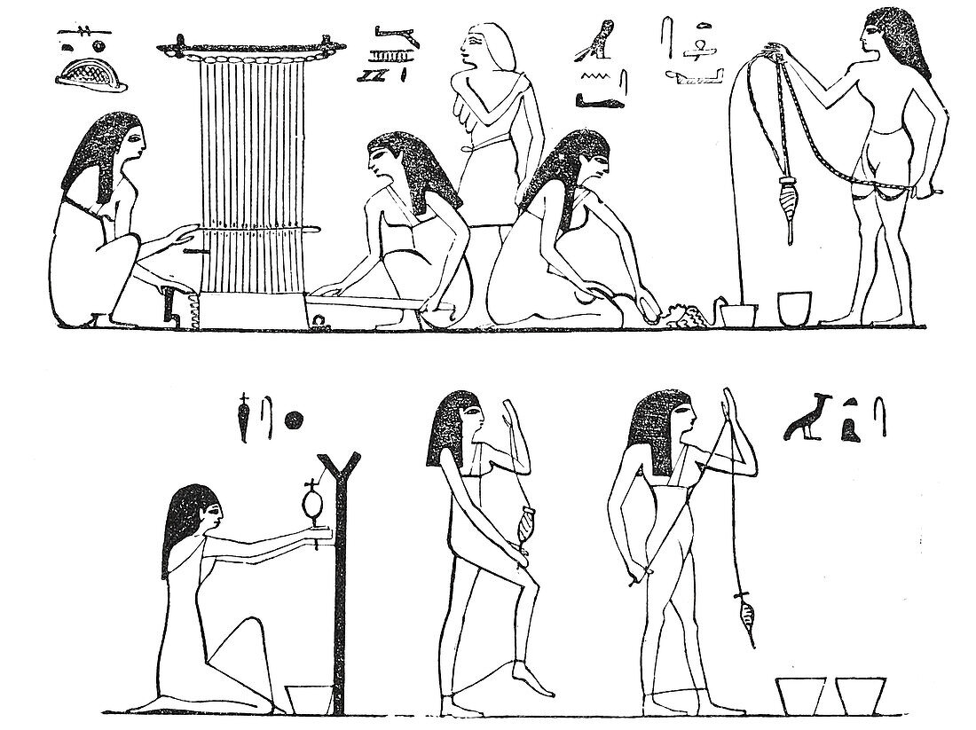 Egyptian spinning and weaving, 19th century illustration