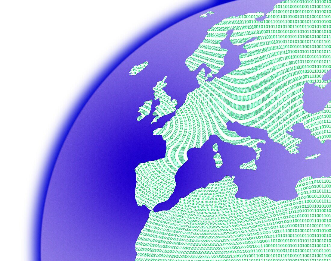 Binary code on a map of Europe, conceptual image