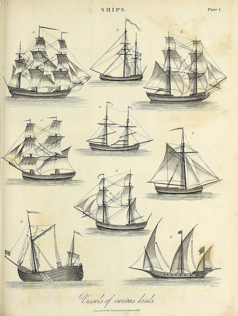 Ships of various kinds, 19th century illustration