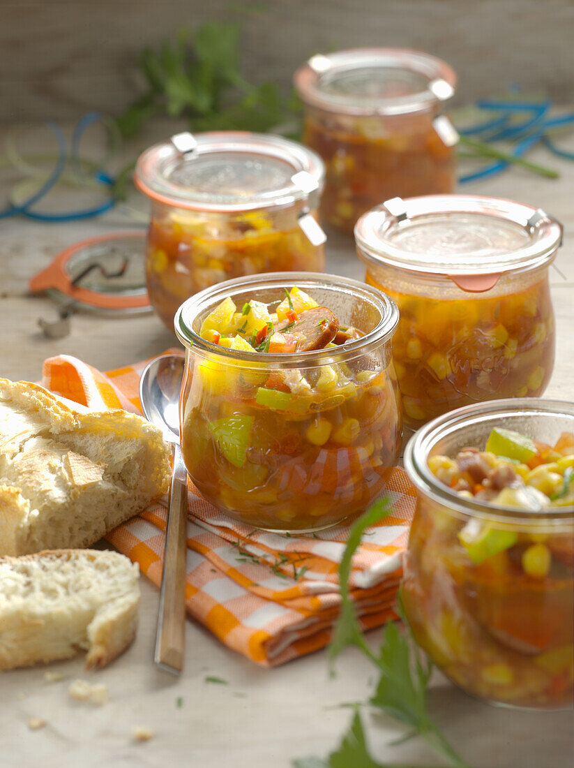 Spicy party soup in preserving jars