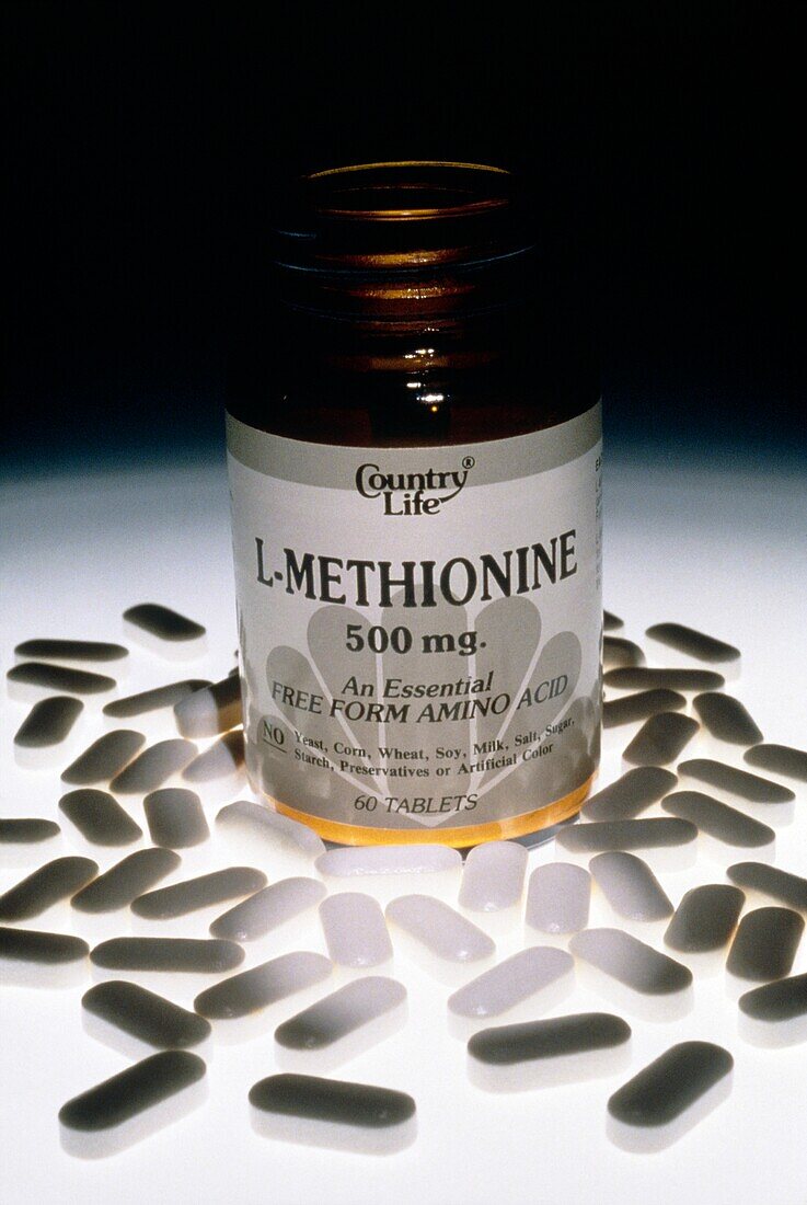 Bottle and tablets of L-methionine amino acid
