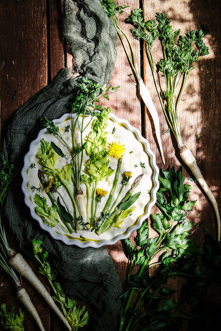 Spring focaccia with herbs