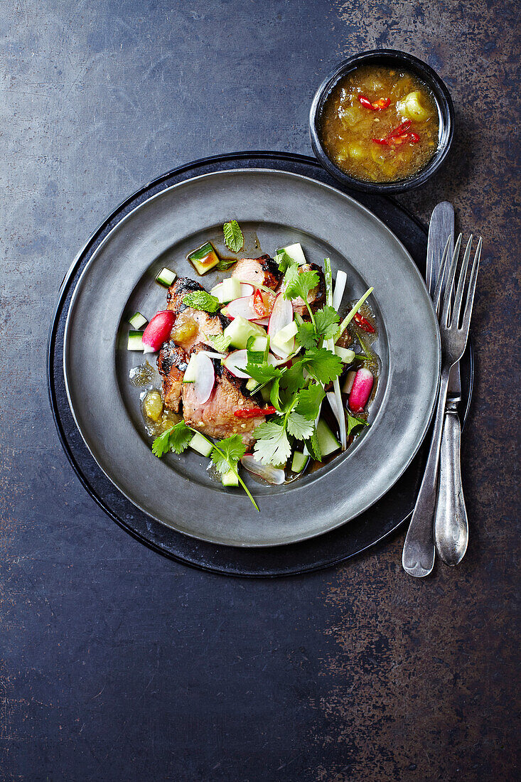 Asian barbecue pork salad with Gooseberry dressing