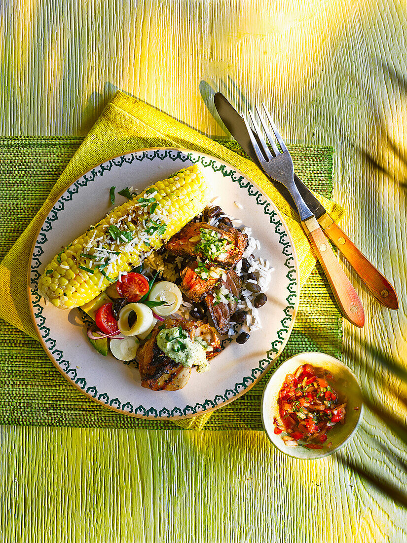 Brazilian grilled Corn, hearts of palm salad and smoky tomato salsa