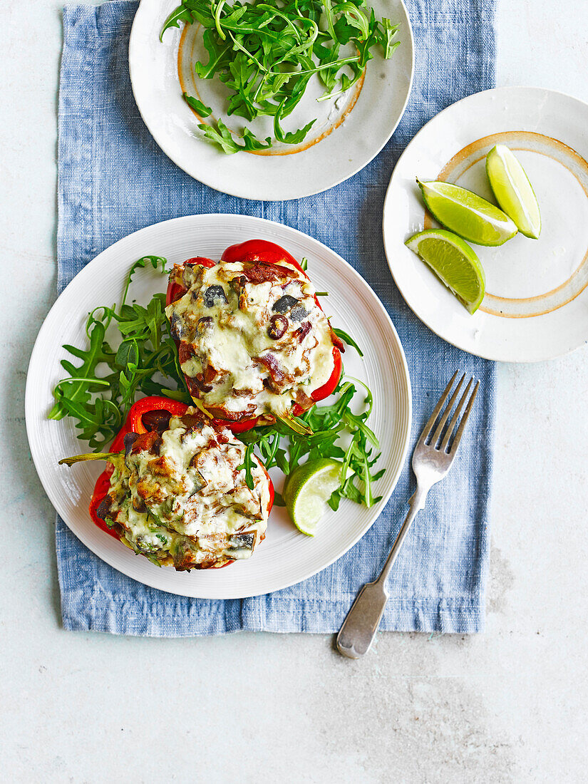 Chilli stuffed peppers with feta topping