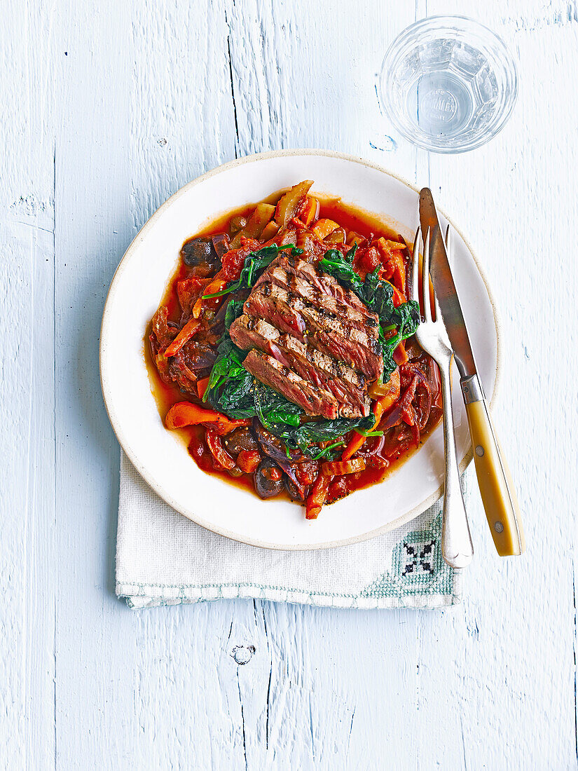 Seared steak with celery and pepper caponata