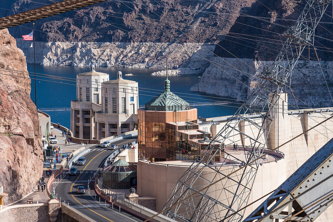 Powerline towers in front of the face of the Hoover Dam, USA