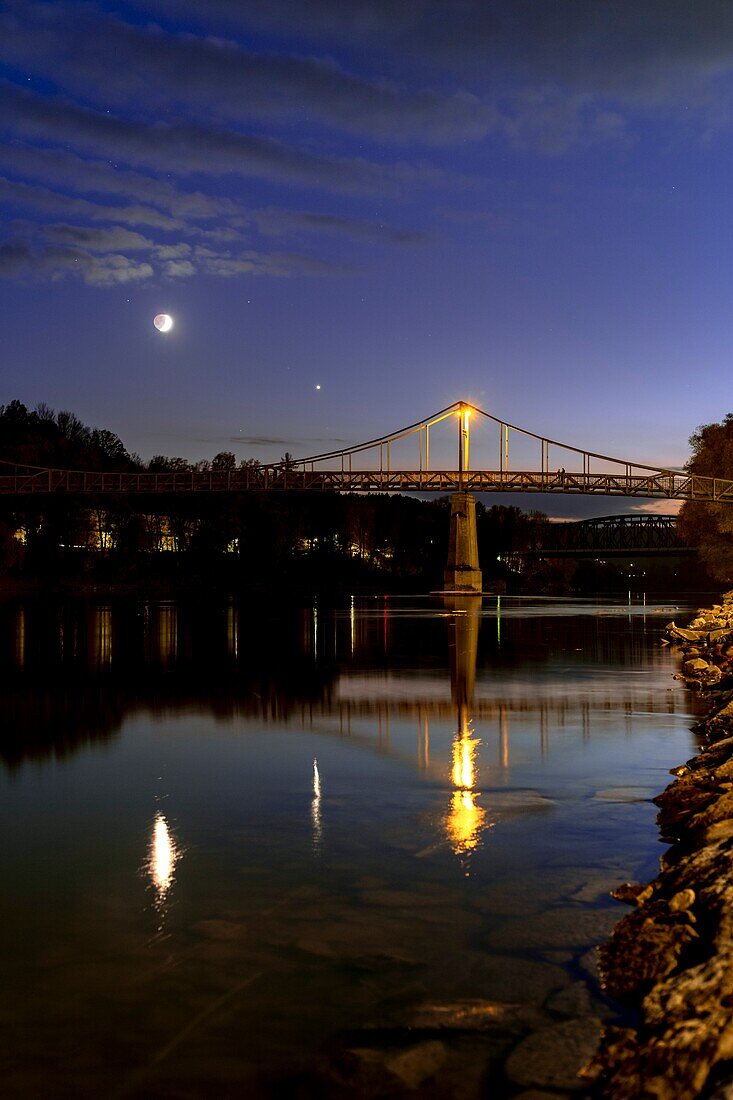 Moon and Venus over Inn River, Passau, Germany
