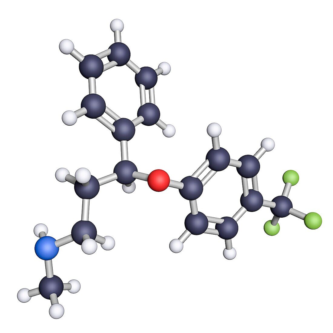 Fluoxetine antidepressant drug, molecular model