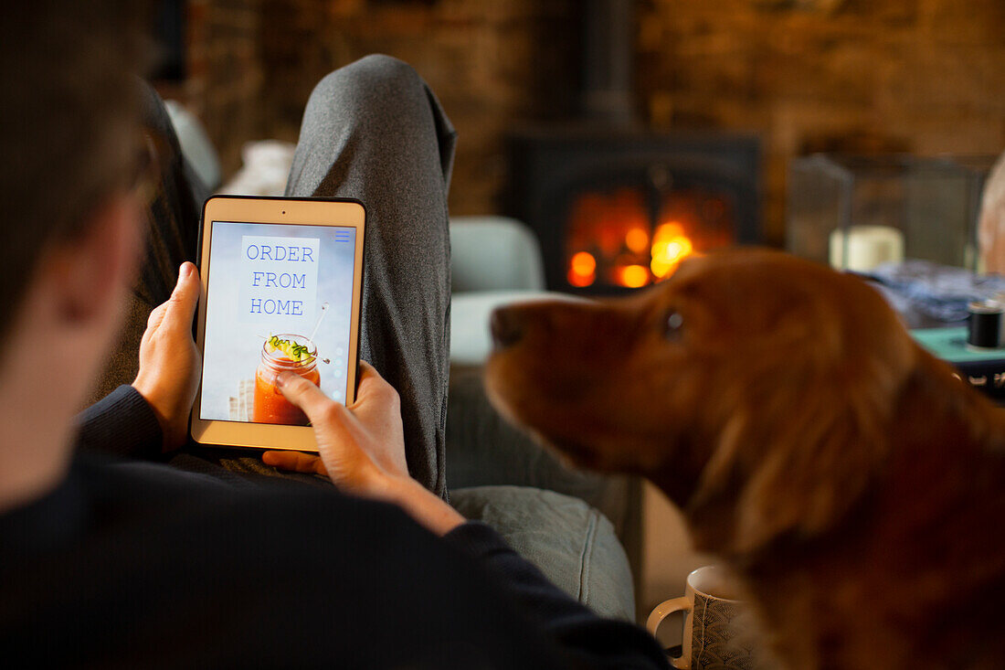 Dog watching man order takeout on digital tablet screen