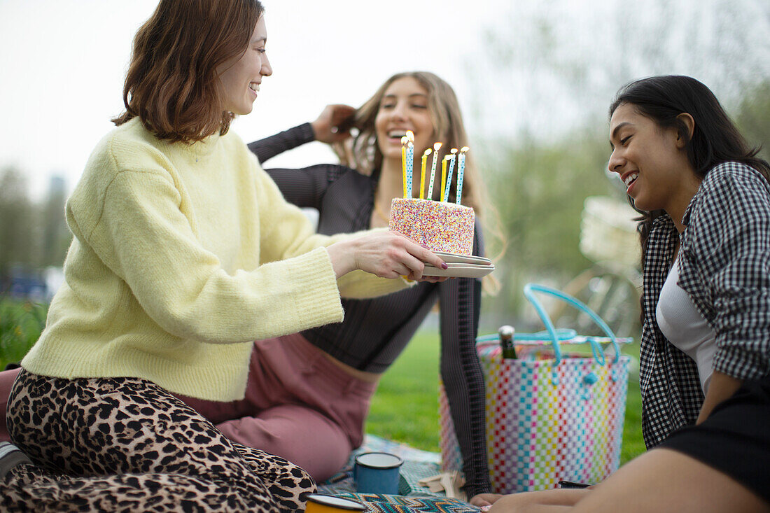 Young female friends celebrating birthday with cake in park