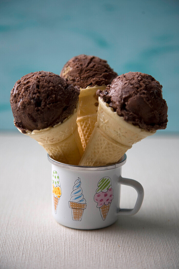 Chocolate ice cream in cones