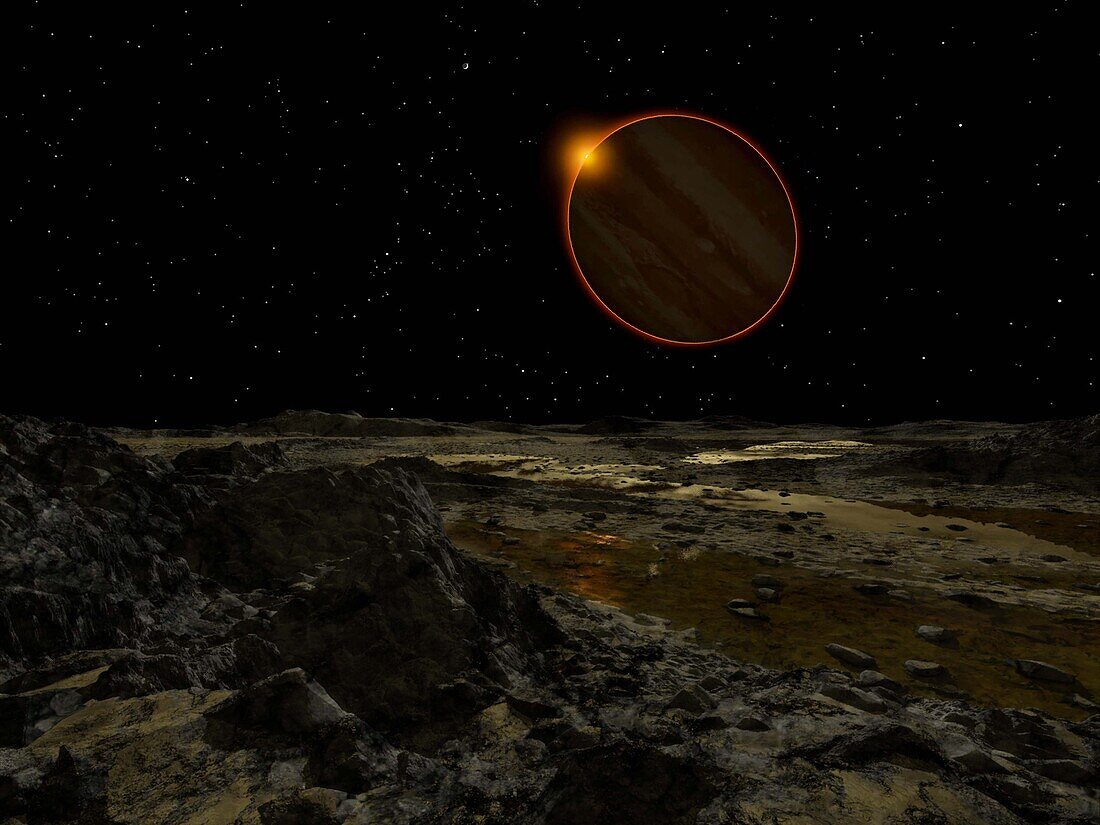 Jupiter eclipsing the Sun from Europa, illustration