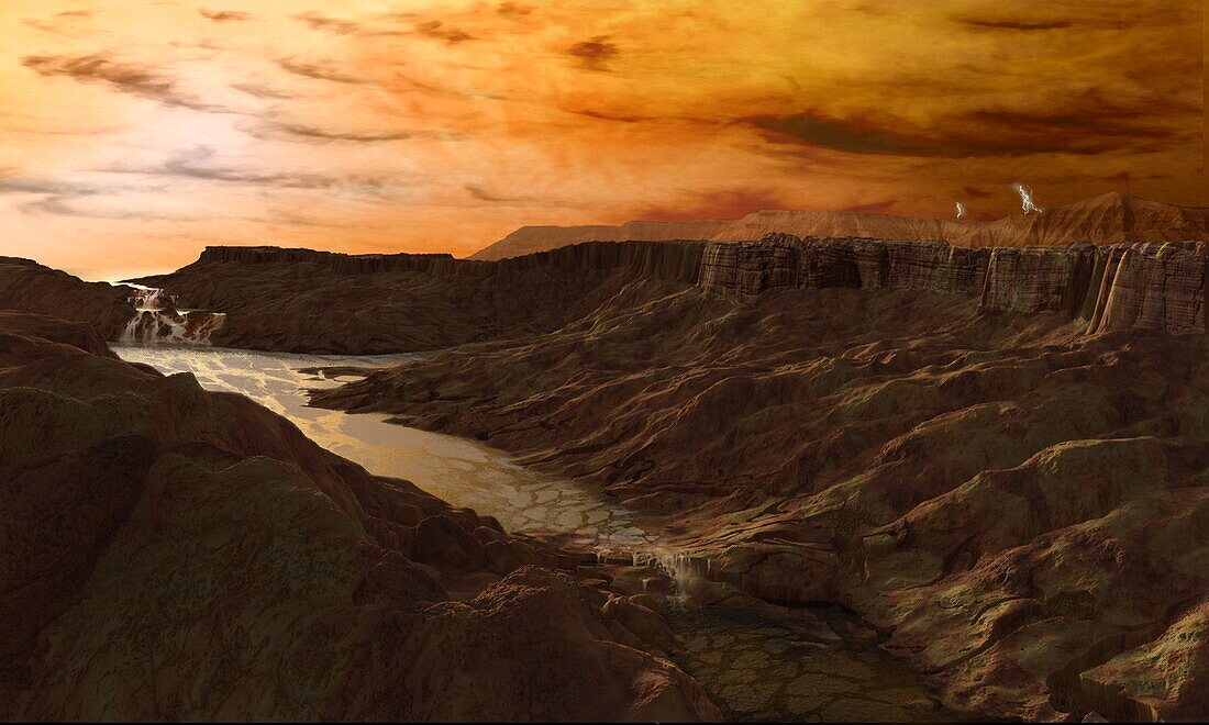 Canyon and methane river on Titan, illustration