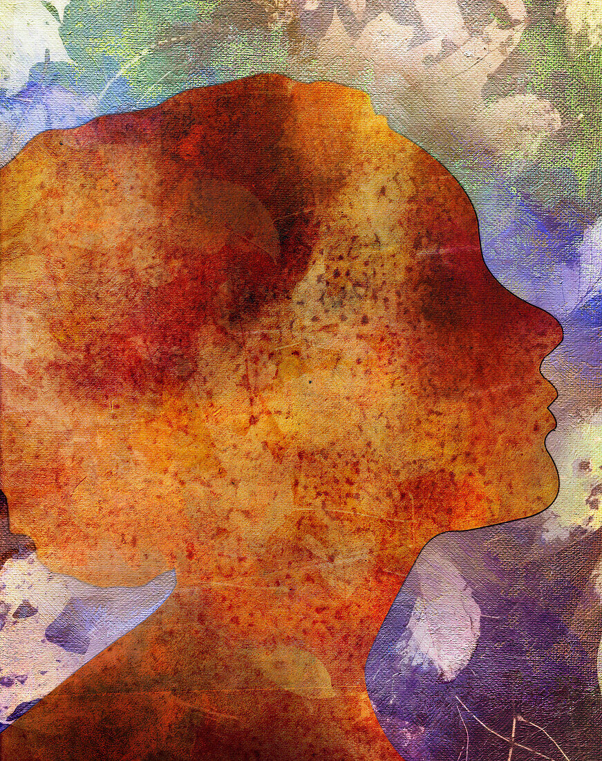 Woman’s silhouetted profile in leaves, illustration