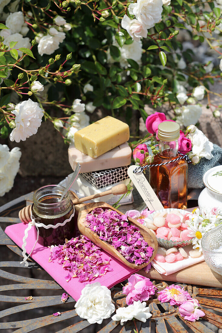 Rose honey, dried rose petals, rose pastilles, soaps and rose vinegar