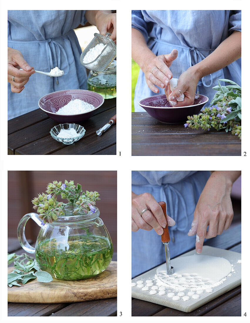 Making rose pastilles (for sore throats and colds)