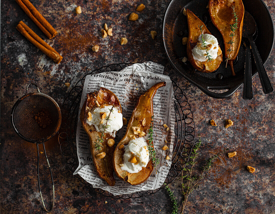 Pears cooked yogurt ice cream, honey, hazelnuts and thyme