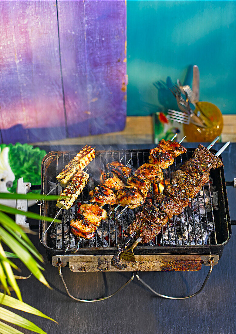 Various skewers on the grill