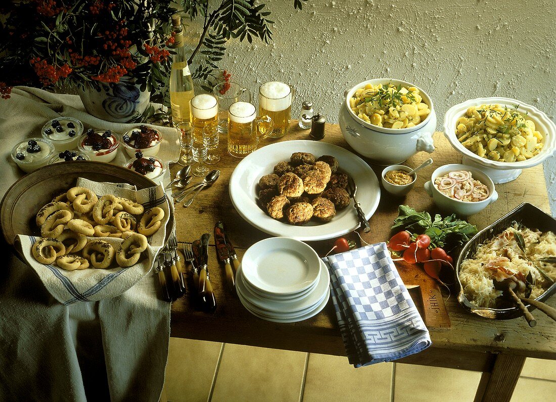 Bavarian buffet with burgers, pretzels etc