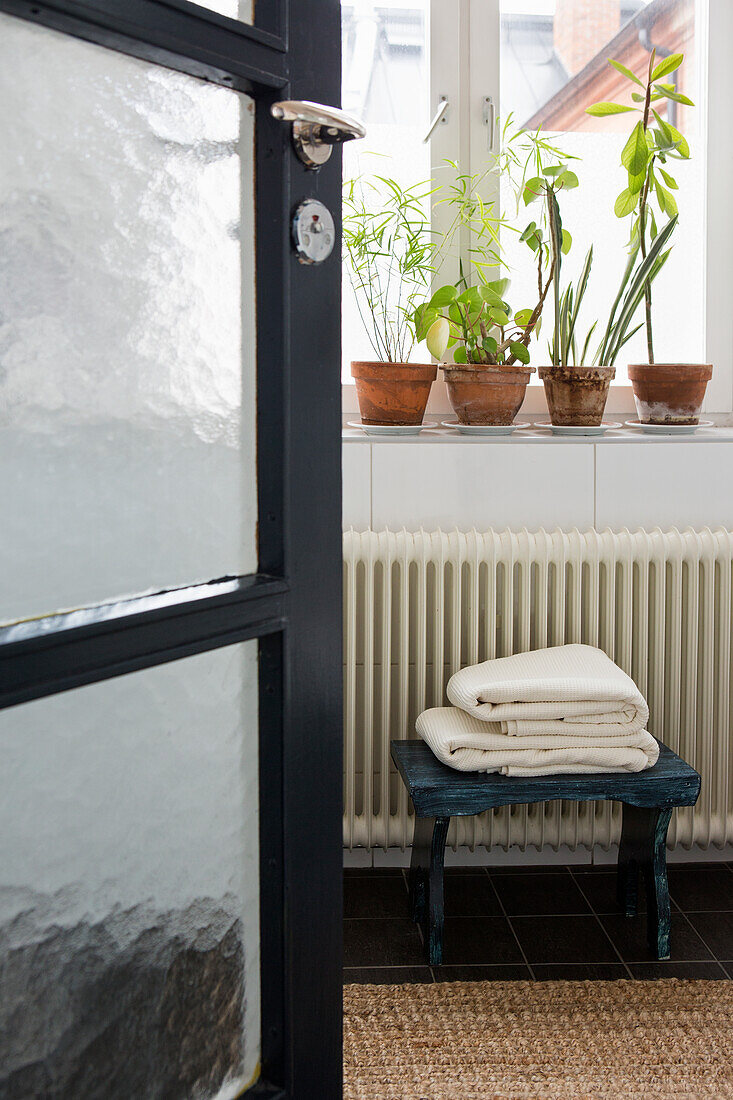 View through open glass door into the bathroom with a stool and indoor plants