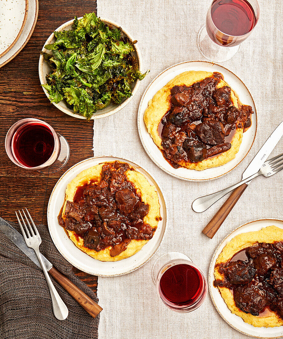 Beef shin with porcini and pickled walnuts, bone marrow polenta and crispy kale