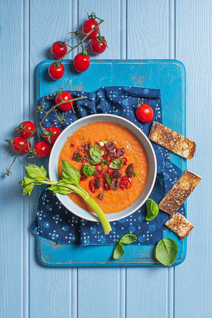 Gazpacho with olives, basil, and tomatoes