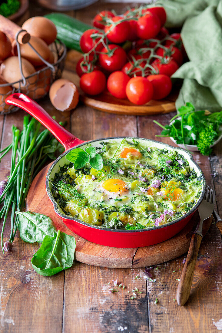 Baked eggs with potatoes and herbs