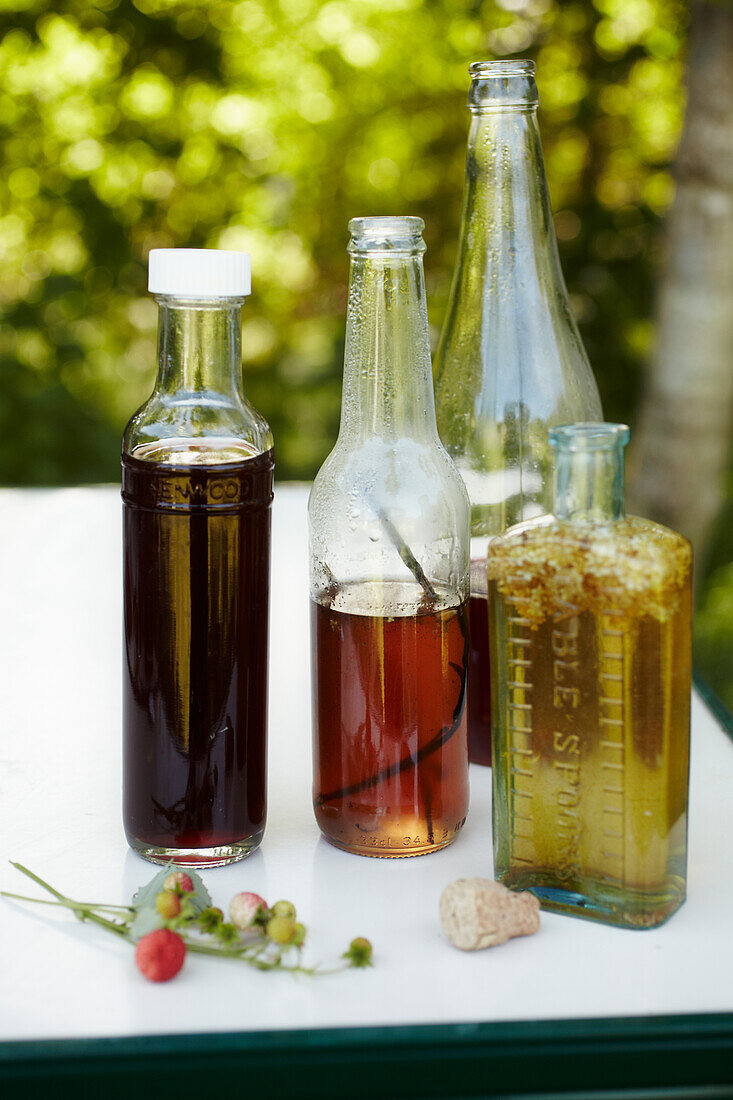 Strawberry syrup with apple juice, elderflower vinegar, elderflower syrup, and elderflower juice