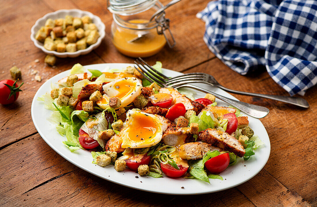 Caesar Salad mit Hähnchen, Tomaten, gekochtem Ei und Croûtons