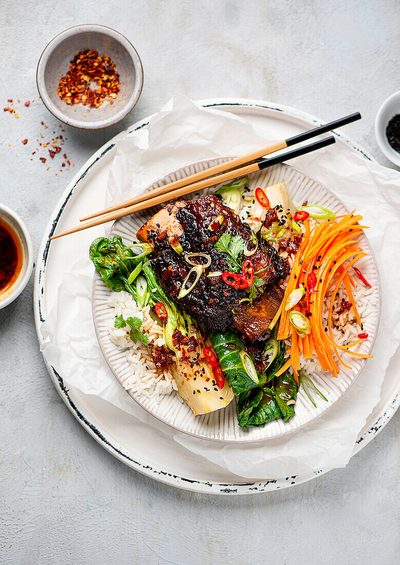 Korean beef ribs with pak choy and rice