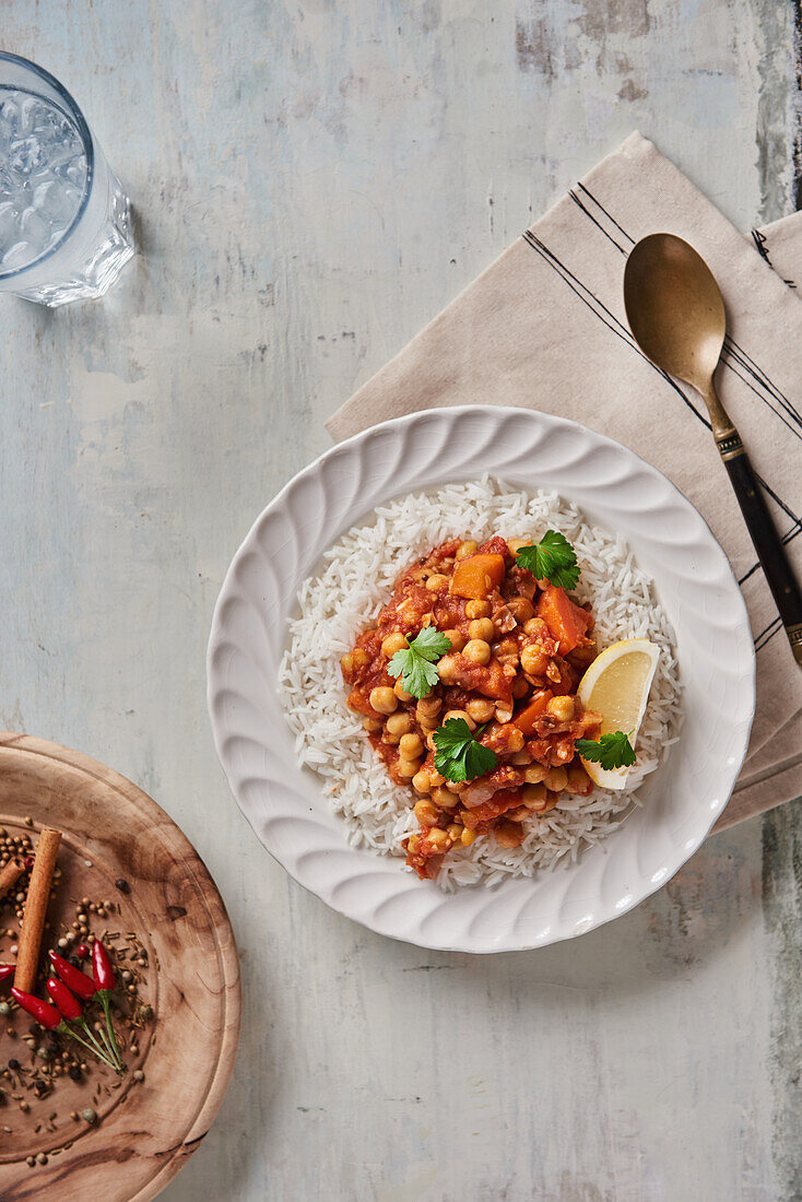 Moroccan chickpea and tomato stew on rice