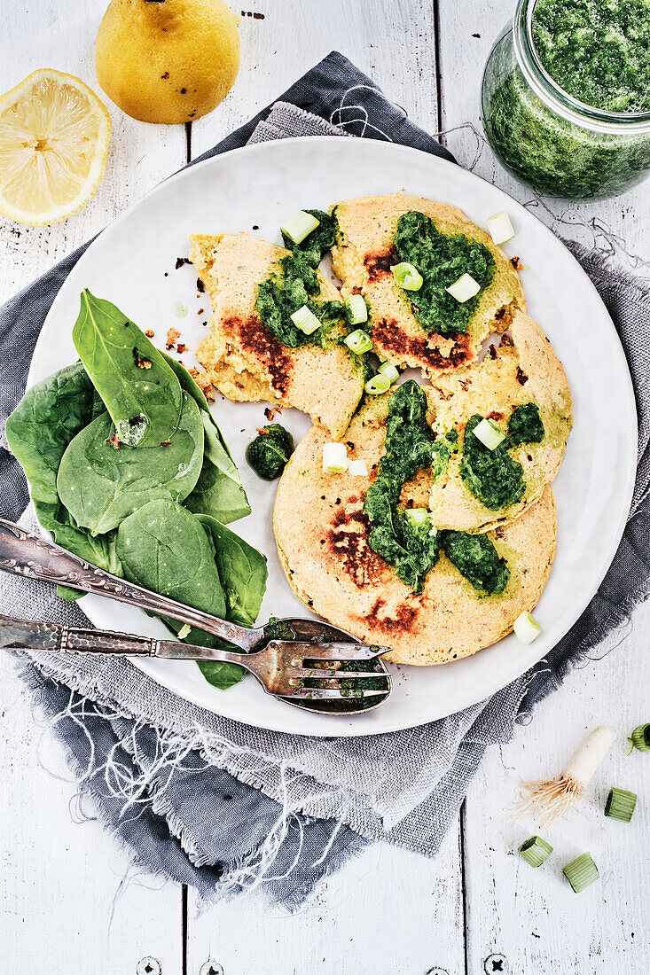 Vegan lemon and garlic omelette with baby spinach