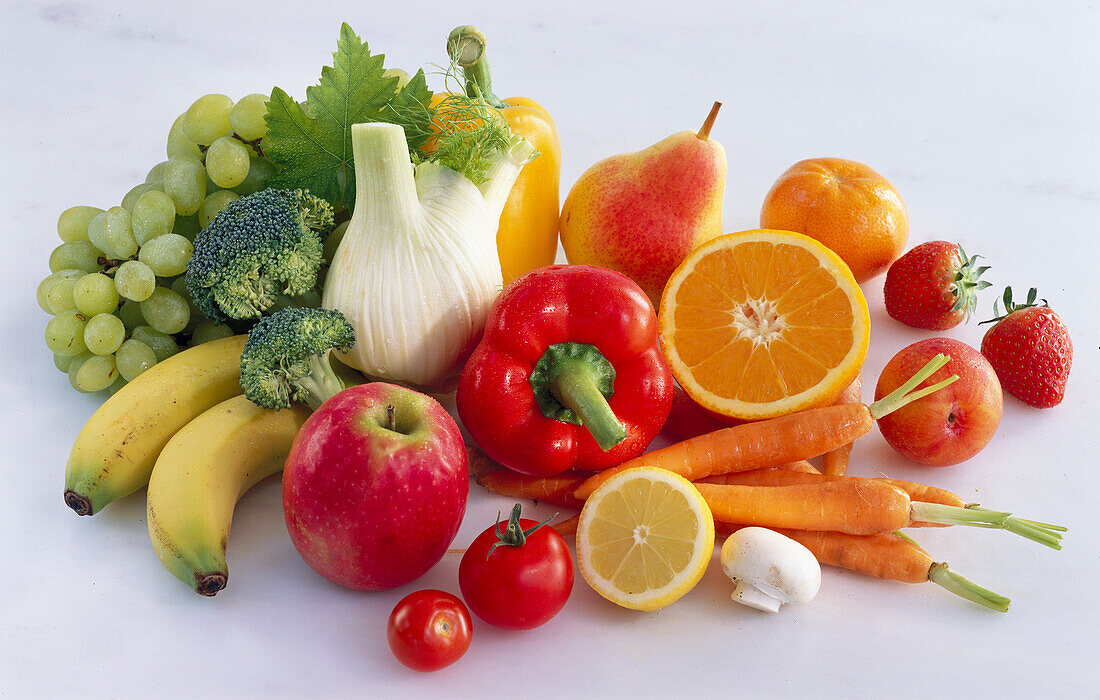 Fruit and vegetables on a light background