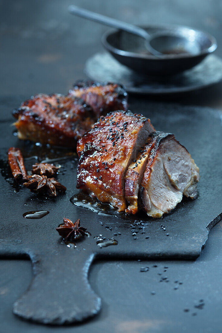 Sticky roast pork with spices