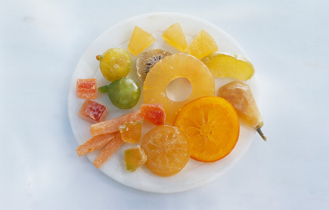 Plate of assorted candied fruits