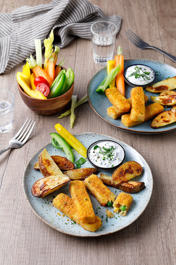 Vegetable nuggets with potato wedges and a dip