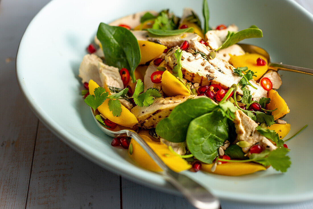 Chicken breast with spinach, mango and chilli
