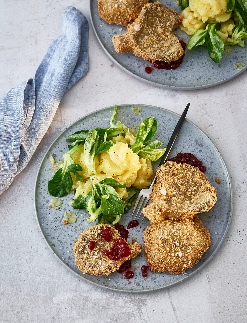 Vegan oyster mushroom cutlets with potato salad