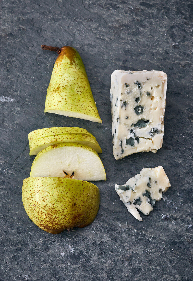 A pear with Roquefort cheese