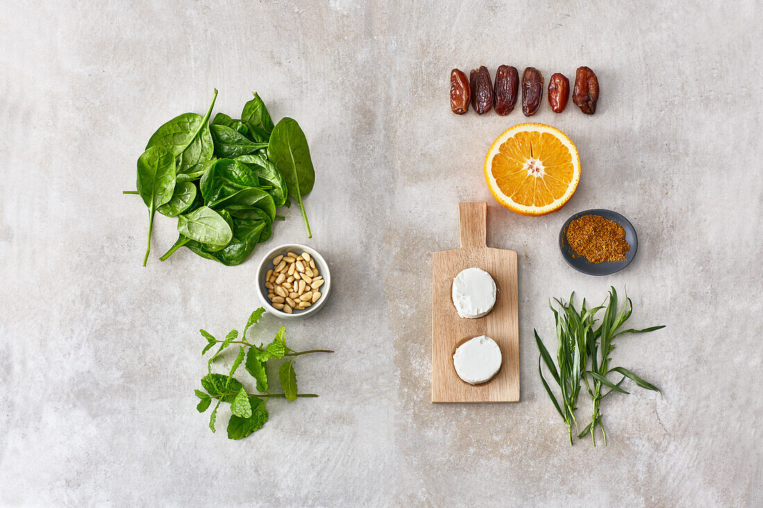 Ingredients for spinach and goat's cheese roulade